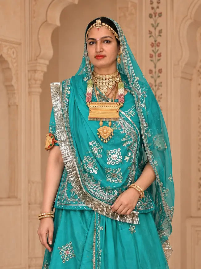 Designer Rajputi Poshak | Tissue Fabric & Humrahi Pure Odhni | Heavy Zari hand Work.