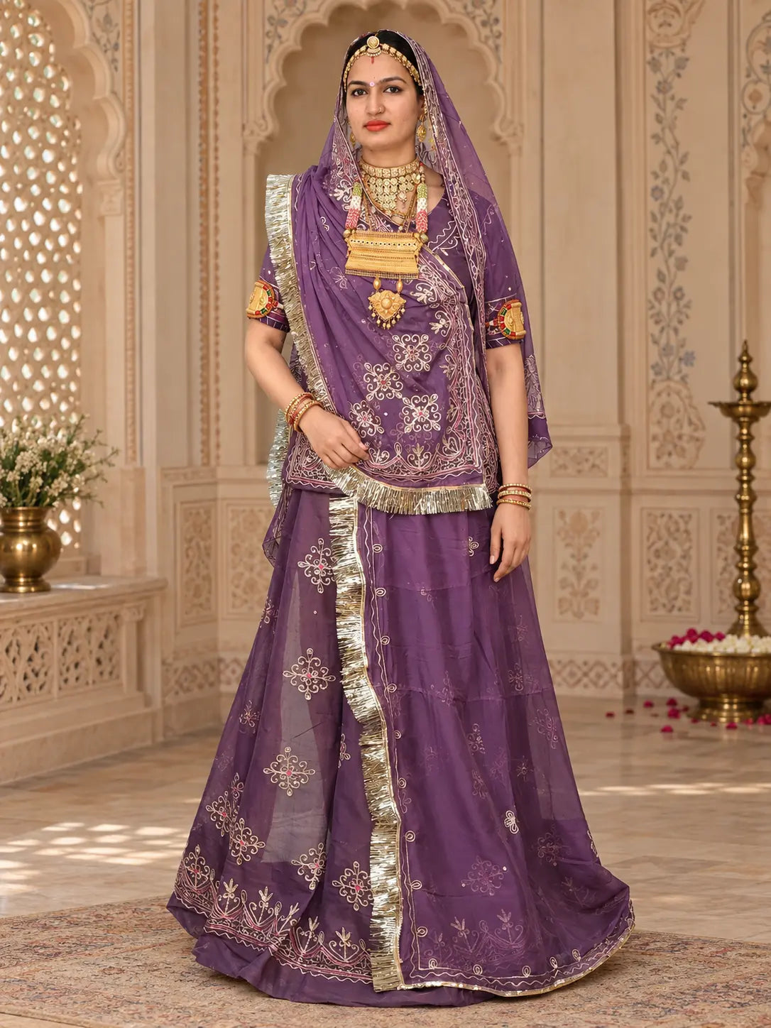 Designer Rajputi Poshak | Tissue Fabric & Humrahi Pure Odhni | Heavy Zari hand Work.