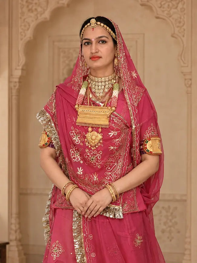 Designer Rajputi Poshak | Tissue Fabric & Humrahi Pure Odhni | Heavy Zari hand Work.