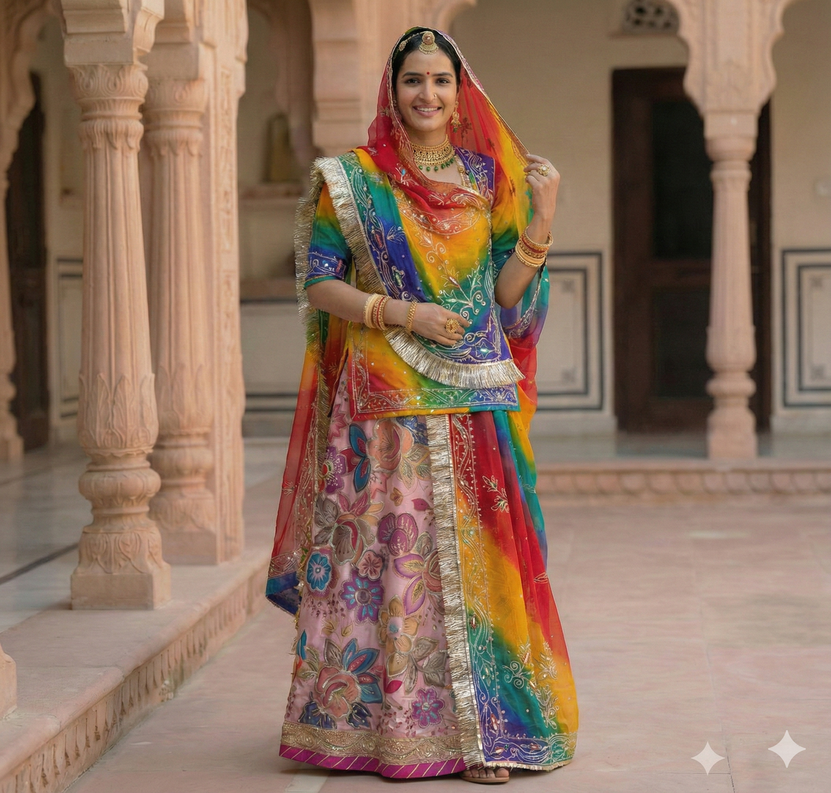 Humrahi Pure Jod in Crepe Silk – Multicolor Rajasthani Traditional Lehenga Set(with 2.5m silk crepe kapda)