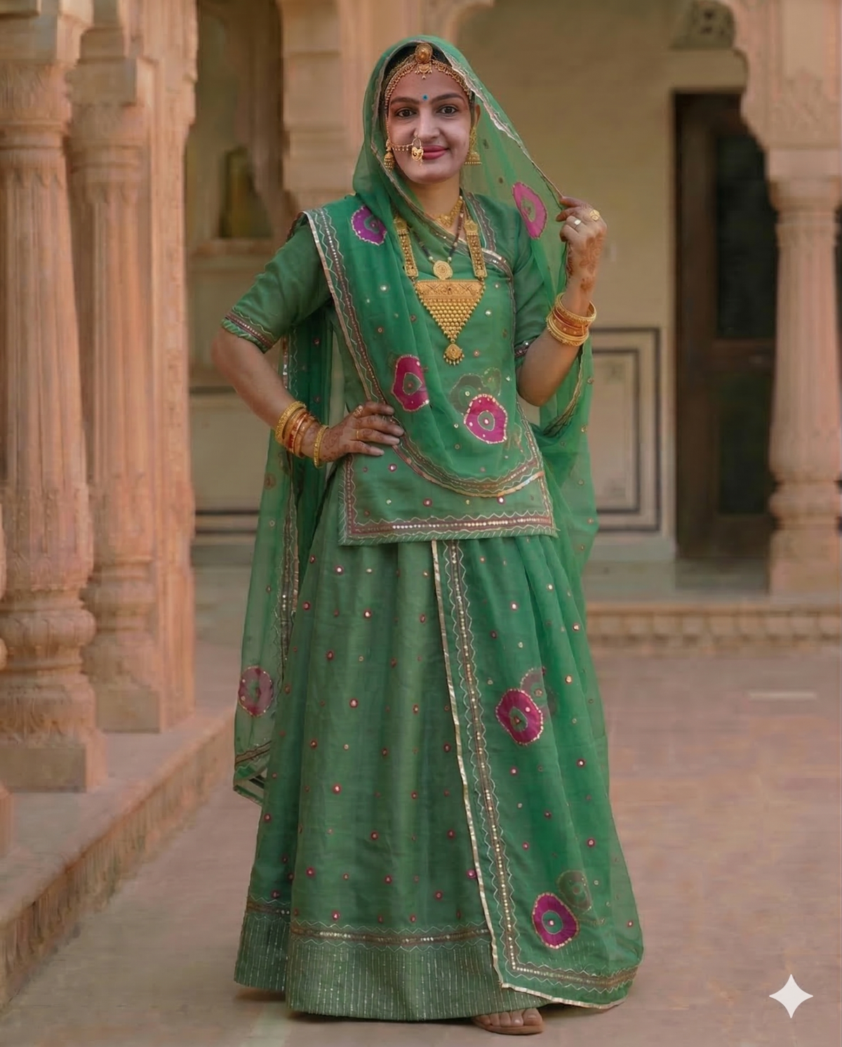 Lightgreen Mukesh Tari Rajputi Poshak with Pure Odhni | Traditional Rajasthani Rajputi Suit for Women