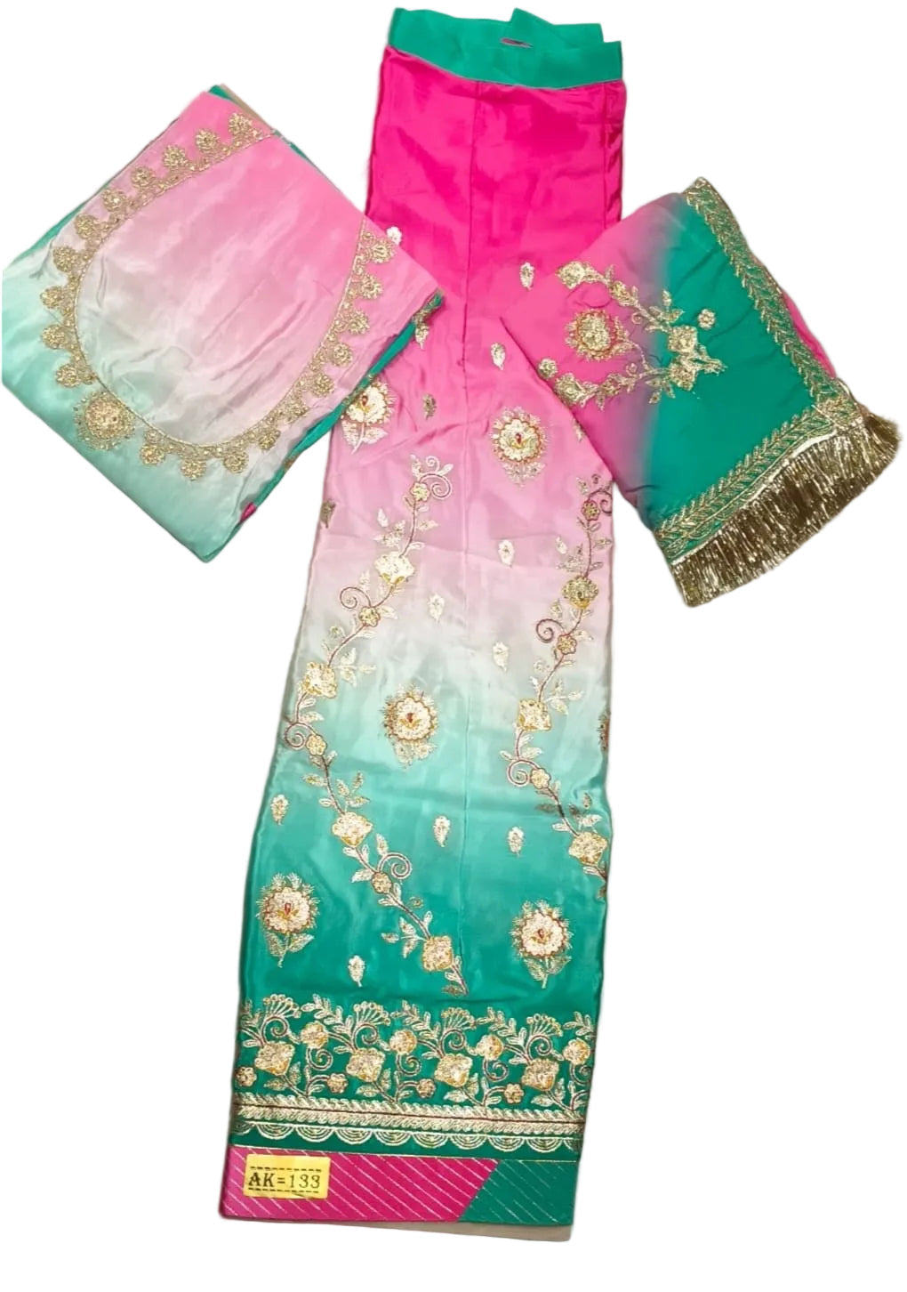 Pink & Sea Green Ombre Rajputi Poshak for Women | Crepe Fabric | Zardoji & Sequin Work Traditional Designer Poshak