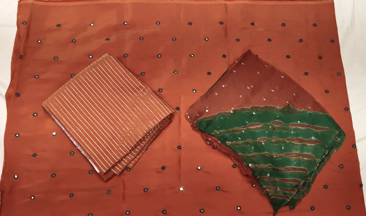 Pure Tissue Brown Mukesh Tari Rajputi Poshak Fabric with Leheriya Odhni | Traditional Mukesh Work Dress Material