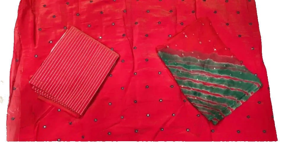Pink Pure Tissue Mukesh Tari Rajputi Poshak Fabric with Green Leheriya Odhni | Traditional Rajasthani Dress Material