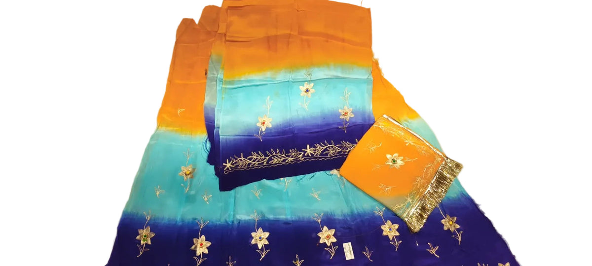 Premium Shaded Zari Work Rajputi Poshak in Natural Crepe Fabric | Mustard Yellow, Aqua Blue & Royal Blue Traditional Dress