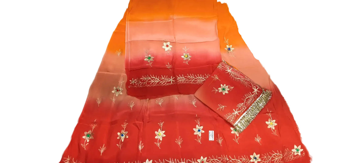Orange to Red Shaded Zari Work Rajputi Poshak for Women | Natural Crepe Fabric Traditional Bridal Dress