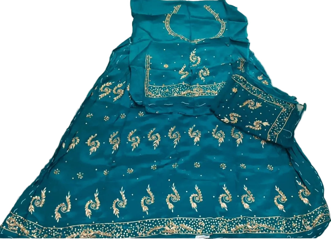 Peacock Teal Khuli Bunti Rajputi Poshak with Thakhurji Pure Odhni | Natural Crepe Fabric | Heavy Zardoji Work