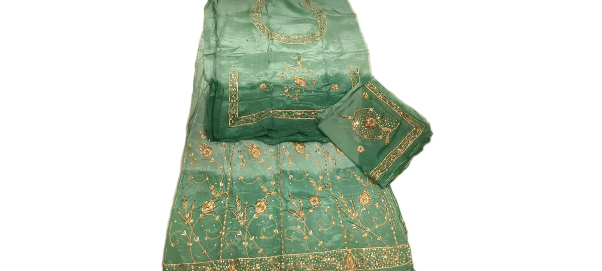 Double Colour Shaded Half Pure Rajputi Poshak with Humrahi Odhni | Natural Crepe Fabric | Heavy Zardoji Work | Sea Green & Dark Green