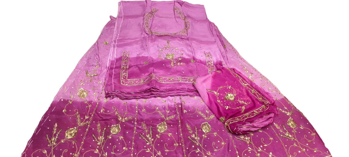 Double Colour Shaded Half Pure Rajputi Poshak with Humrahi Odhni | Natural Crepe Fabric | Heavy Zardoji Work | Rani Pink & Magenta