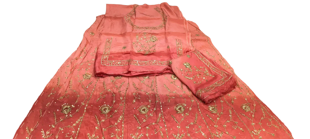 Double Colour Shaded Half Pure Rajputi Poshak with Humrahi Odhni | Natural Crepe Fabric | Heavy Zardoji Work | Peach Coral