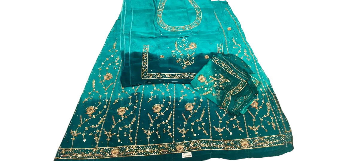 Double Colour Shaded Half Pure Rajputi Poshak with Humrahi Odhni | Natural Crepe Fabric | Zardoji Work | Peacock Blue & Teal Green