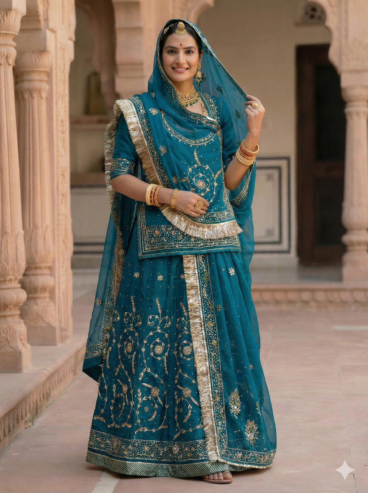 Teal Natural Crepe Poshak with Gold Embroidery | Pure Fabric Traditional Rajasthani Outfit