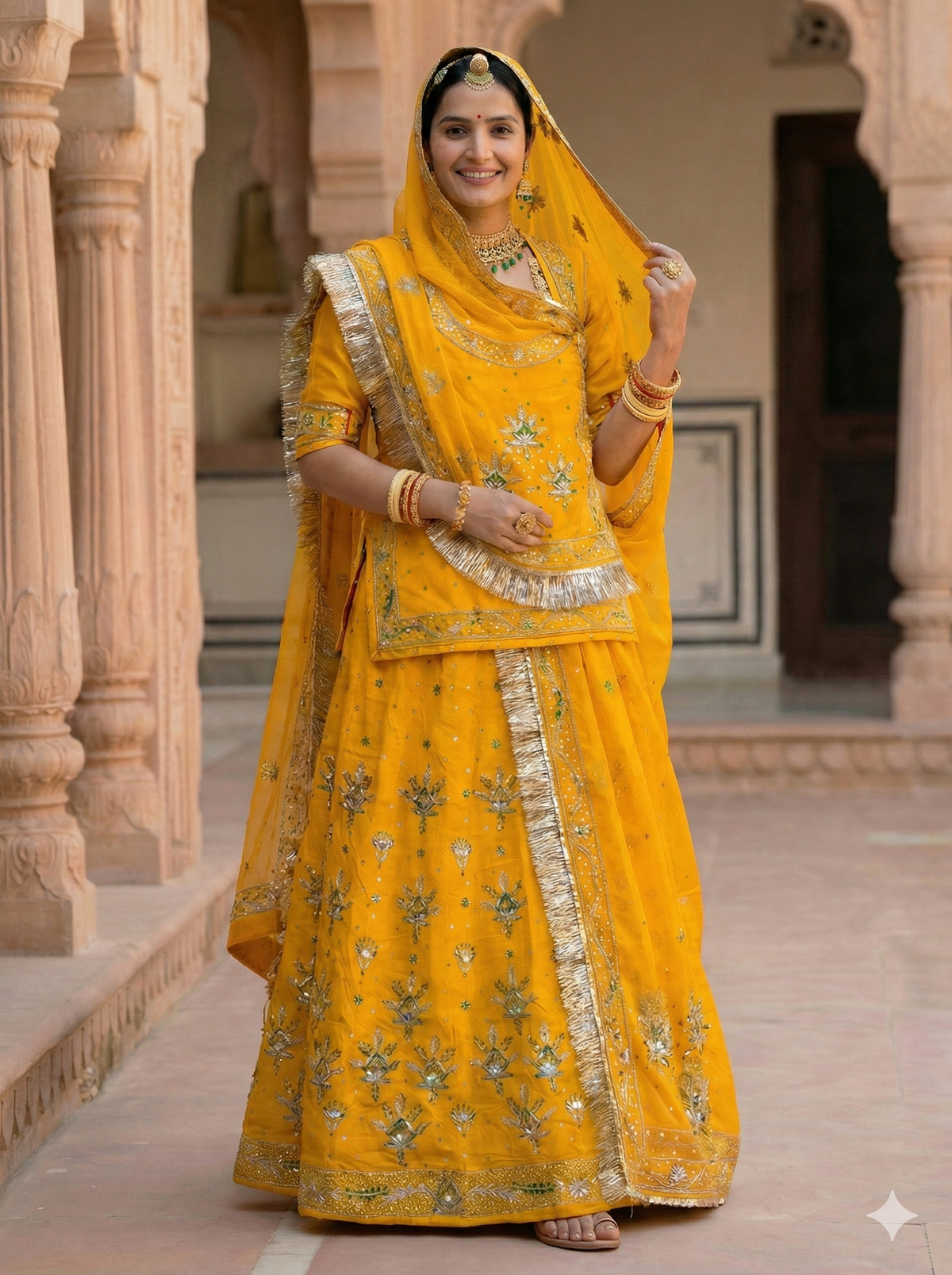 Rajputi Poshak – Handwork Bember Satin – Mustard Yellow with Thakurji Odhni