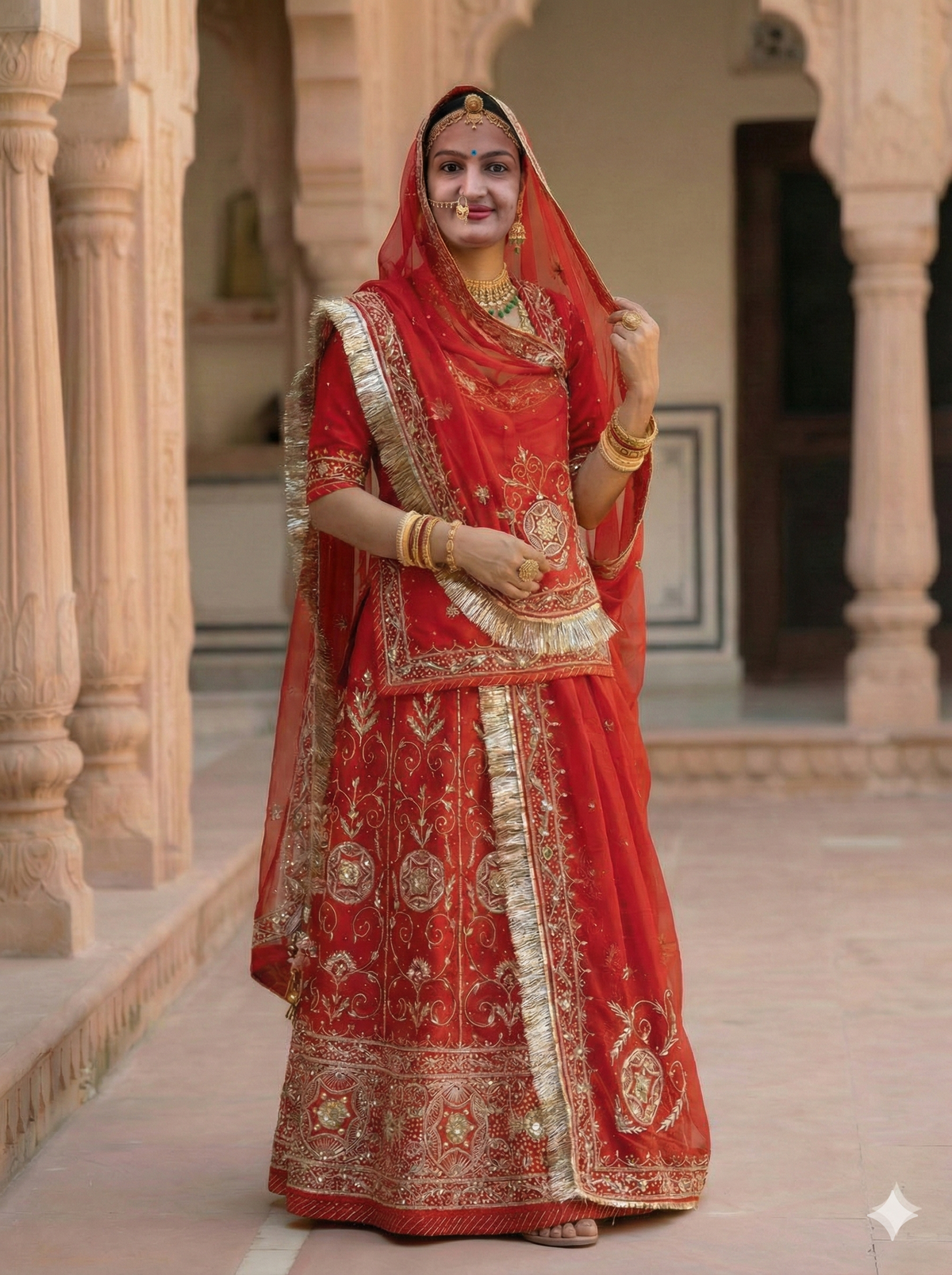 Rajputi Poshak – Bridal Handwork Bember Satin – Red with Thakurji Odhni