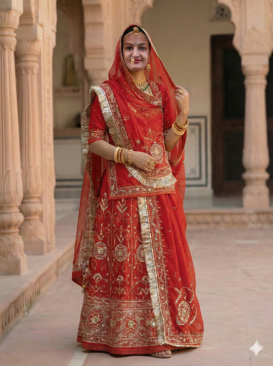 Rajputi Poshak – Bridal Handwork Bember Satin – Red with Thakurji Odhni