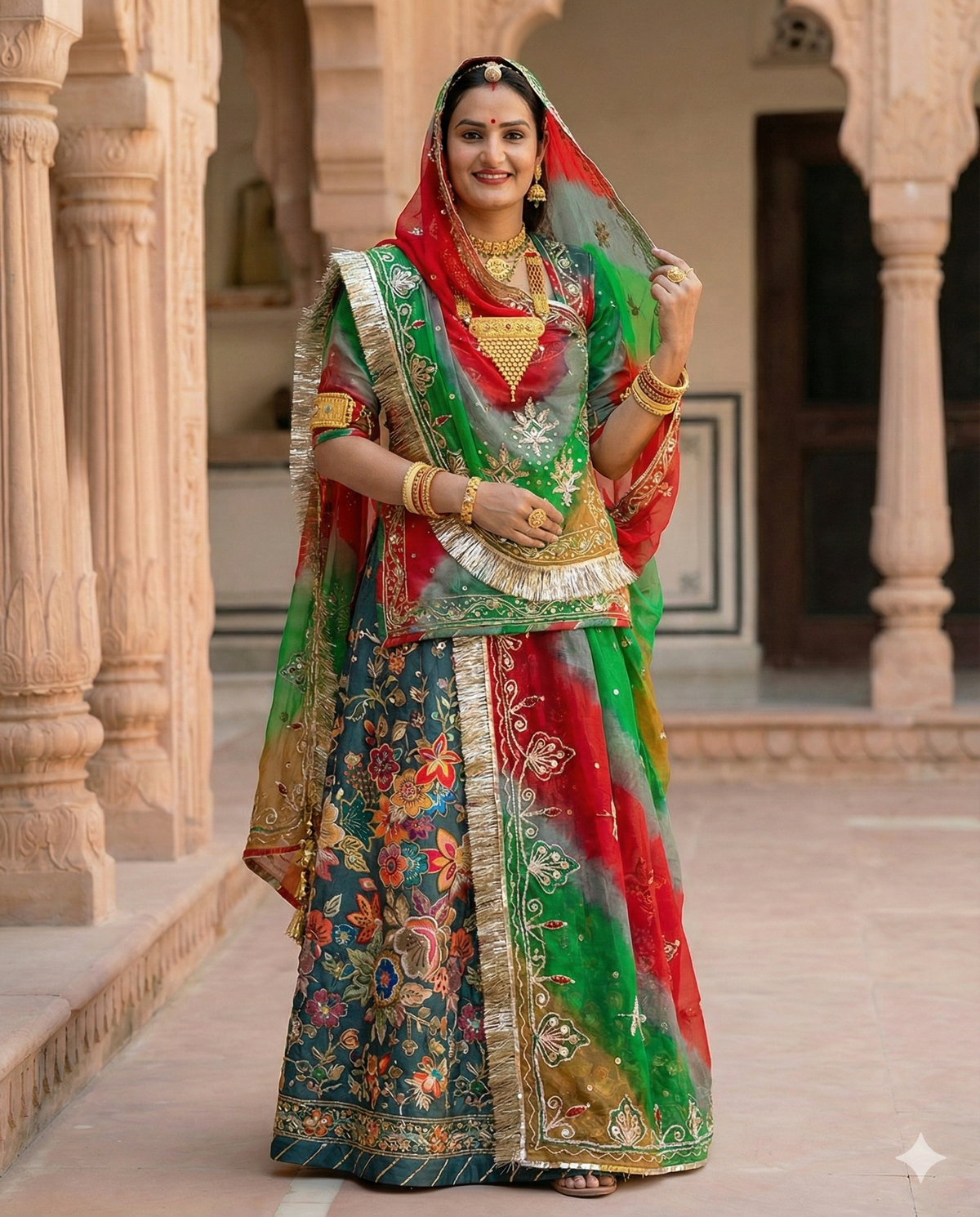 Humrahi Pure Jod in Crepe Silk – Traditional Rajasthani Festive Lehenga Set (Red & Green)(with 2.5m silk crepe kapda)
