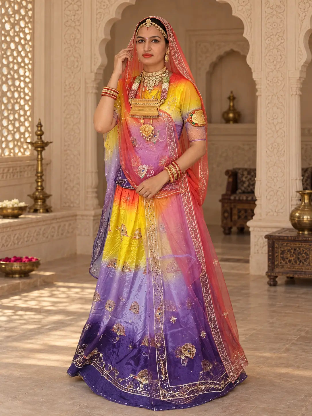 Rajputi Dress - Mor Pankh Pure Poshak With Thakhurji Pure Odhni - Bengani, Yellow, Orange With Same Colour Odhni