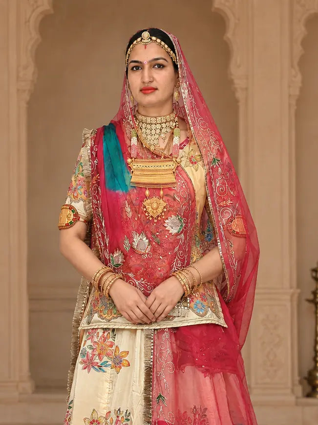 Mustard Yellow & Off White Cutwork Border Pure Rajputi Poshak | Natural Crepe Fabric | Zari Work Embroidery