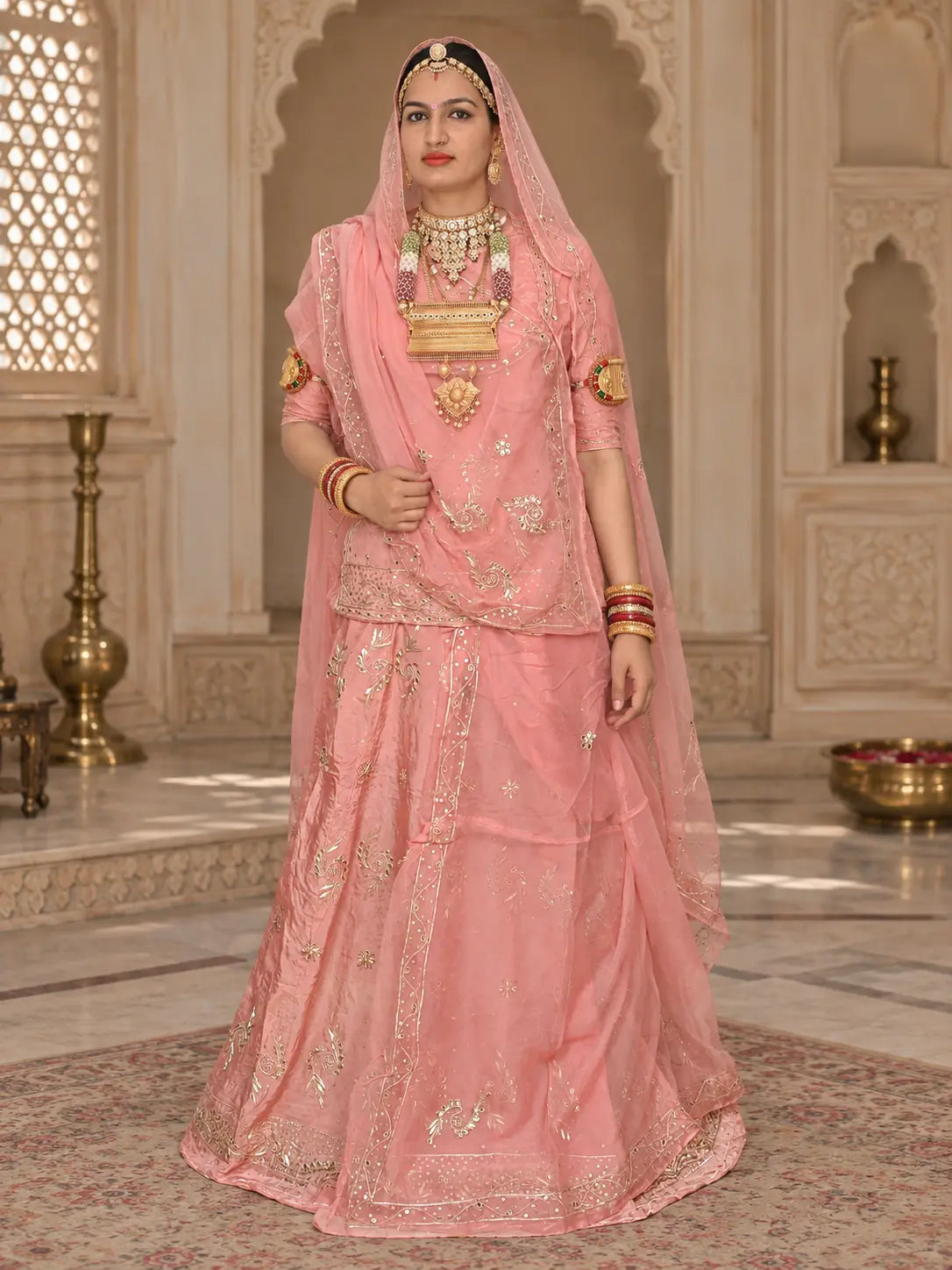 Pure Peach Pink Crepe Rajputi Poshak with Zardozi Work – Pure Odhni