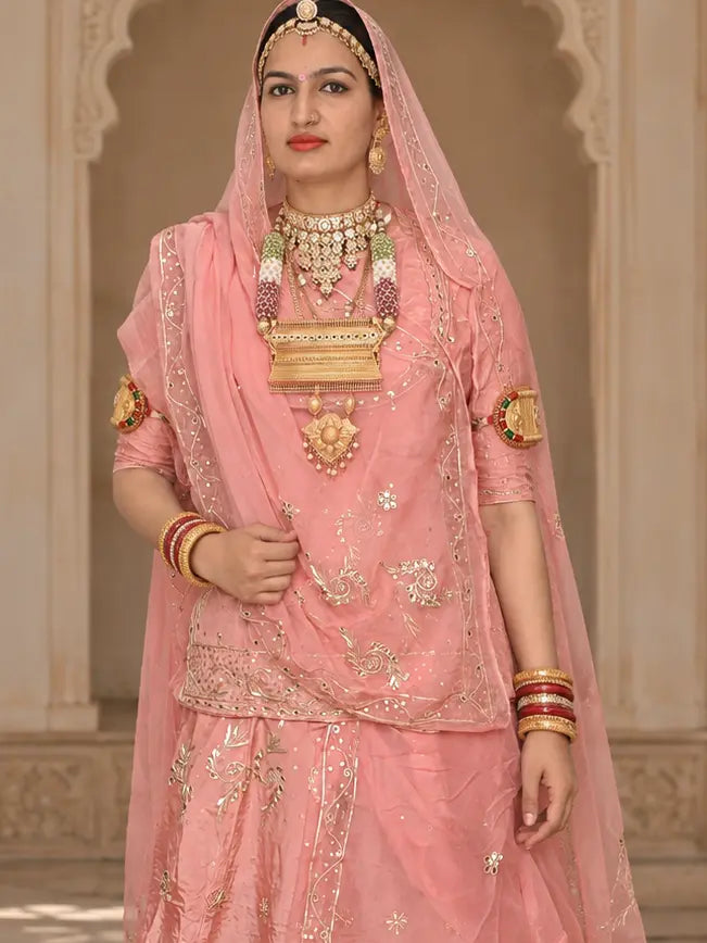 Pure Peach Pink Crepe Rajputi Poshak with Zardozi Work – Pure Odhni