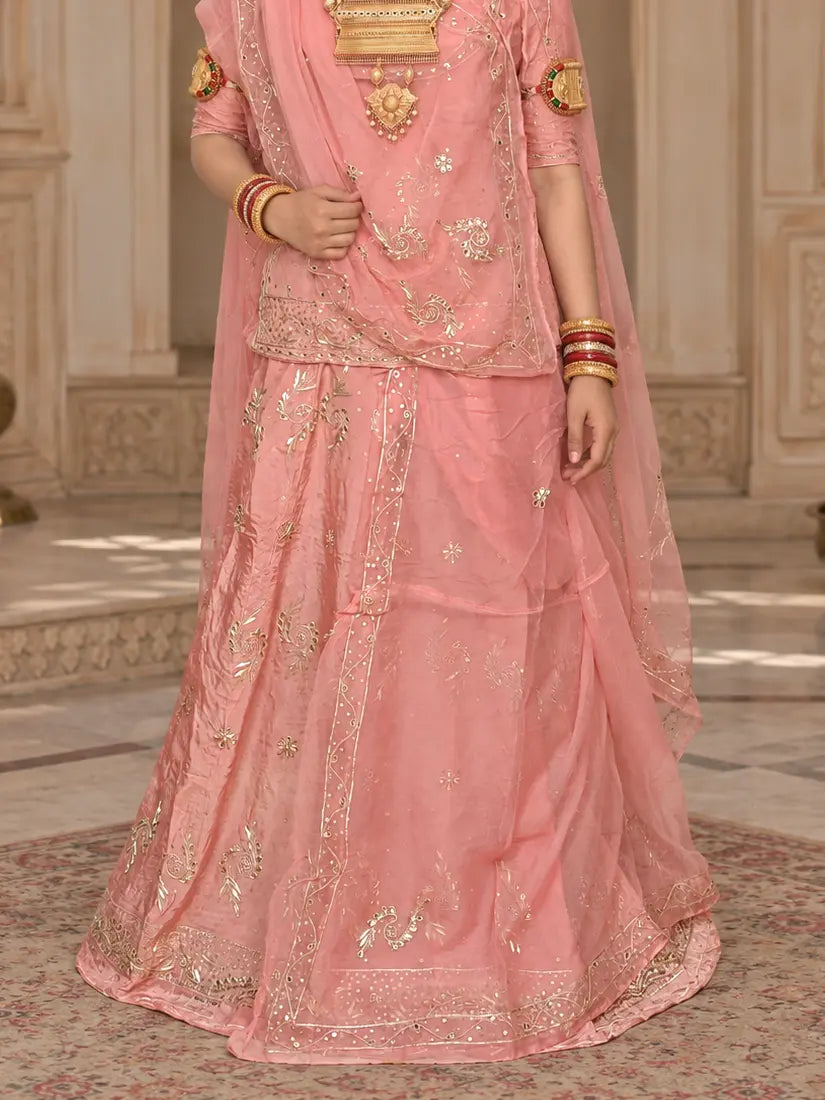 Pure Peach Pink Crepe Rajputi Poshak with Zardozi Work – Pure Odhni