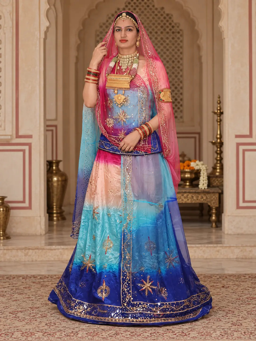 Pure Pink Blue Crepe Rajputi Poshak, Zardozi Stars – Pure Odhni