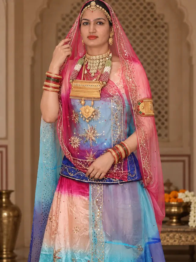 Pure Pink Blue Crepe Rajputi Poshak, Zardozi Stars – Pure Odhni