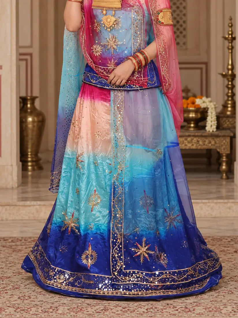 Pure Pink Blue Crepe Rajputi Poshak, Zardozi Stars – Pure Odhni