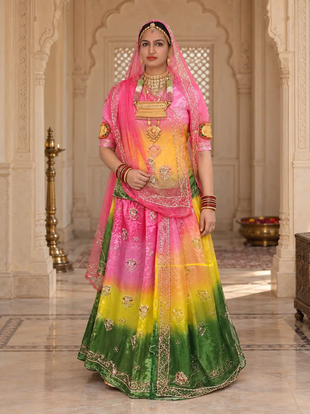 Pure Pink Green Natural Crepe Rajputi Poshak, Zardozi – Pink Odhni