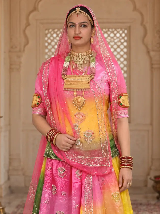 Pure Pink Green Natural Crepe Rajputi Poshak, Zardozi – Pink Odhni