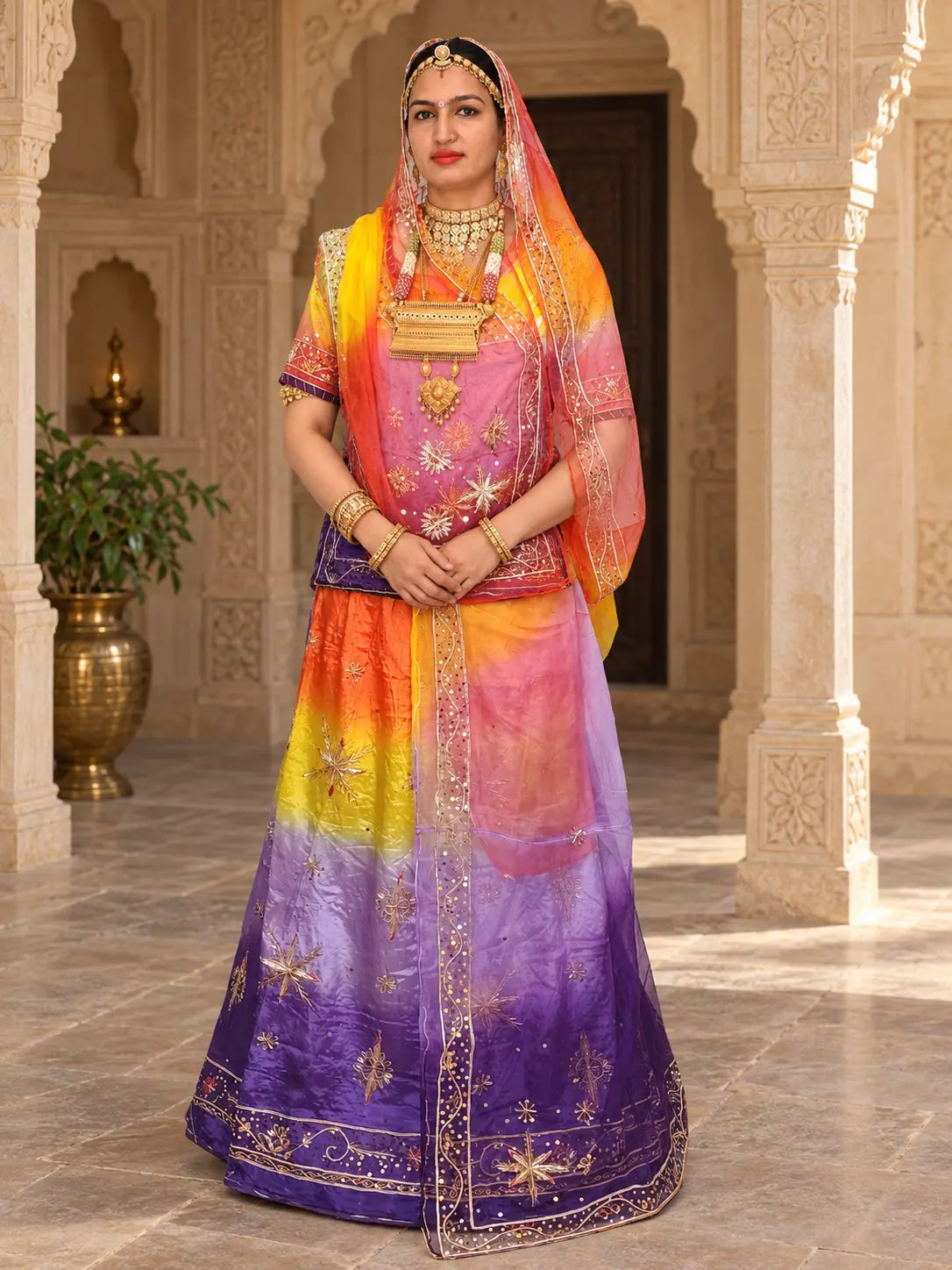 Pure Purple Yellow Crepe Rajputi Poshak, Zardozi Stars – Pure Odhni