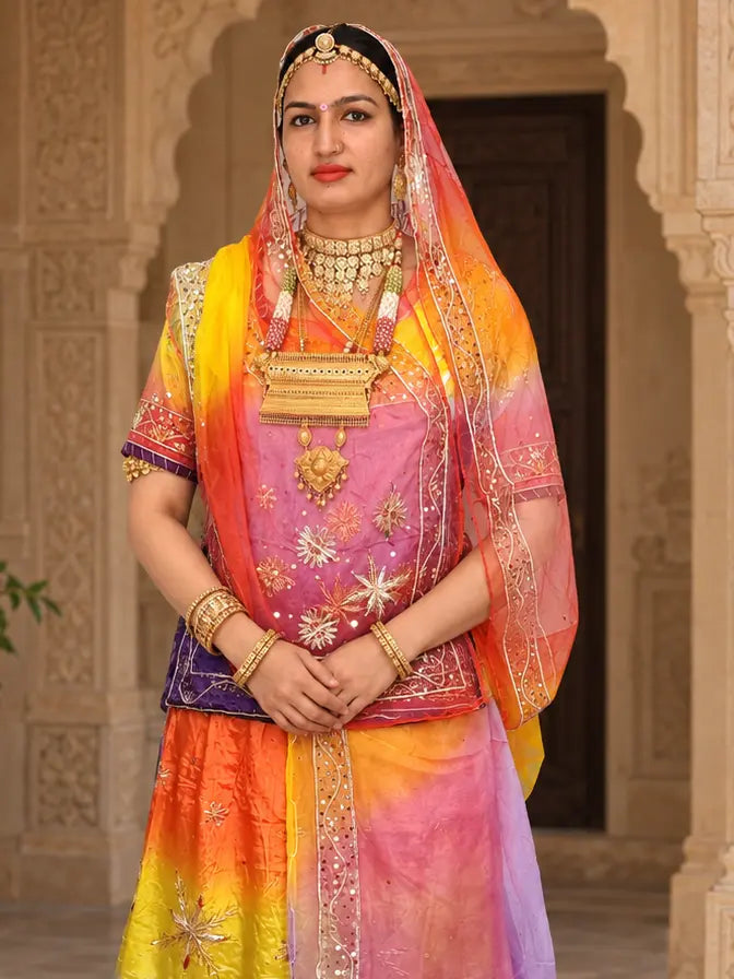 Pure Purple Yellow Crepe Rajputi Poshak, Zardozi Stars – Pure Odhni