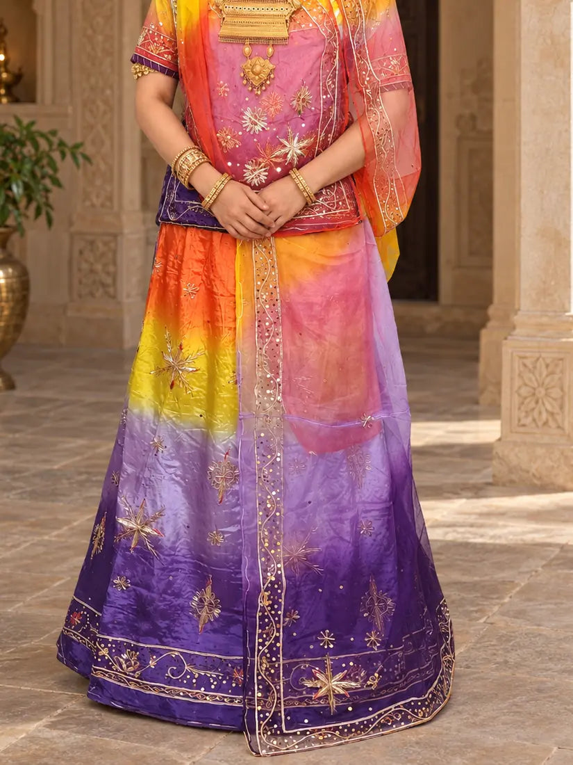 Pure Purple Yellow Crepe Rajputi Poshak, Zardozi Stars – Pure Odhni