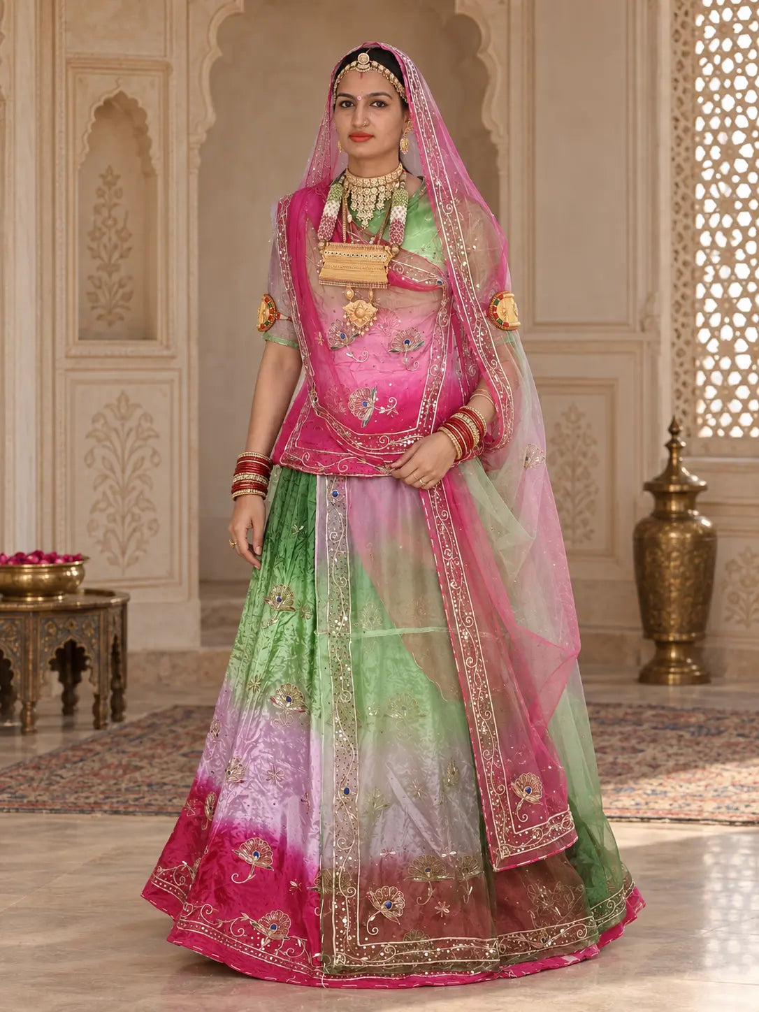Pure Rani Pink Green Crepe Rajputi Poshak, Zardozi – Pure Odhni