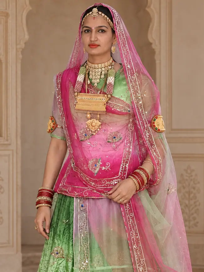 Pure Rani Pink Green Crepe Rajputi Poshak, Zardozi – Pure Odhni