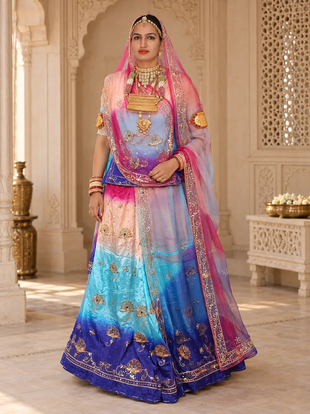 Pure Rani Pink Royal Blue Crepe Rajputi Poshak, Zardozi – Pure Odhni