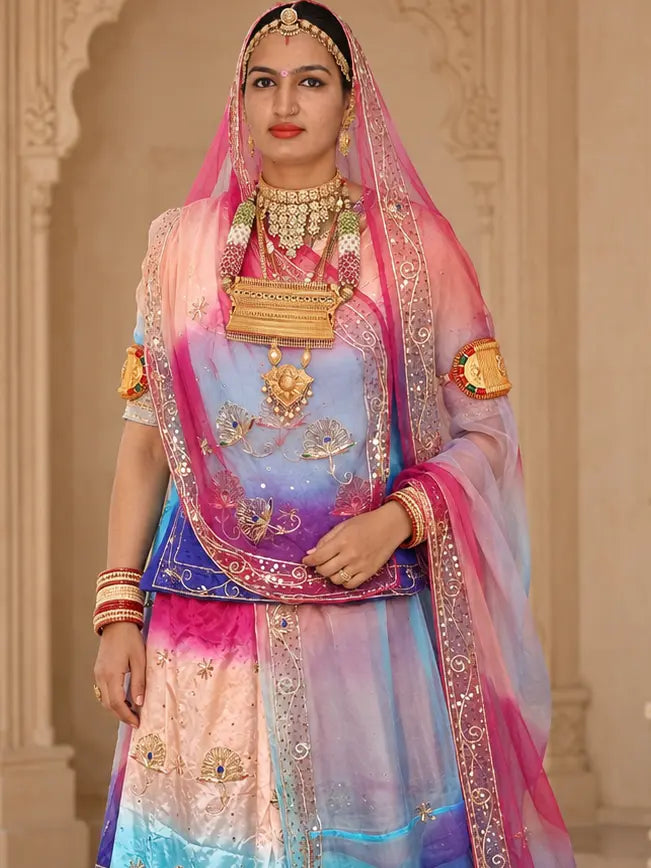 Pure Rani Pink Royal Blue Crepe Rajputi Poshak, Zardozi – Pure Odhni