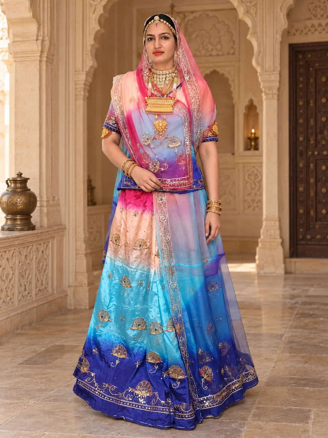 Pure Rani Pink Royal Blue Crepe Rajputi Poshak, Zardozi – Pure Odhni