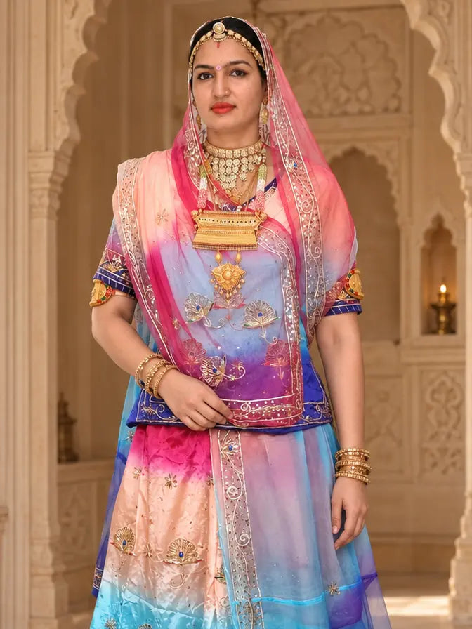 Pure Rani Pink Royal Blue Crepe Rajputi Poshak, Zardozi – Pure Odhni