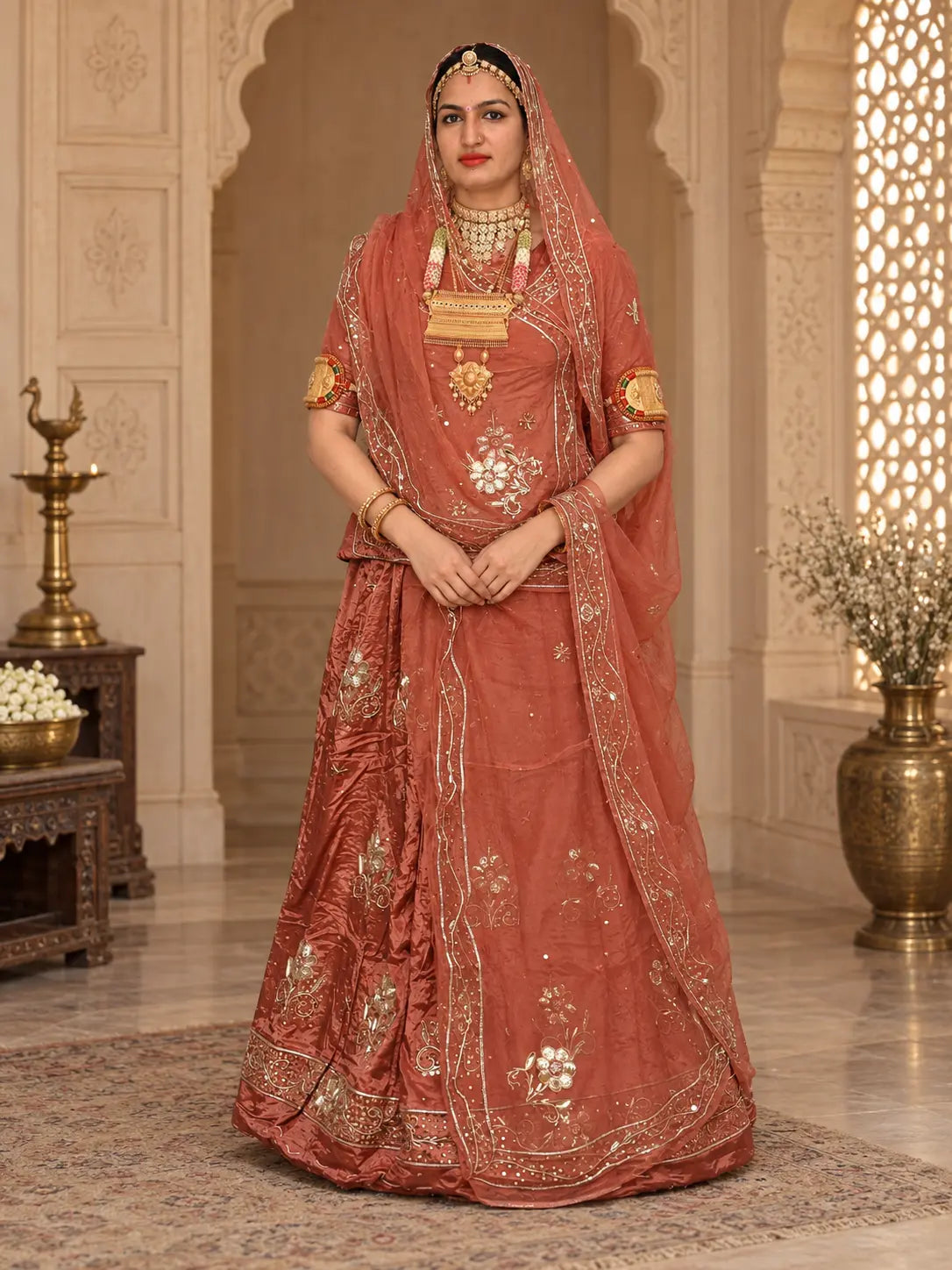 Pure Rust Orange Crepe Rajputi Poshak with Zardozi Work – Pure Odhni