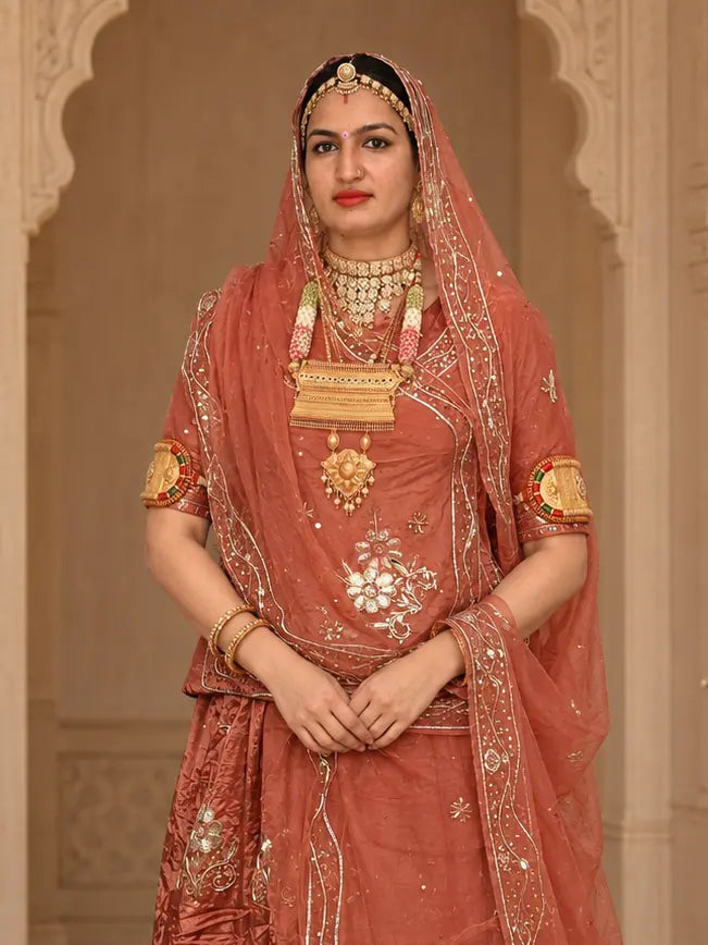 Pure Rust Orange Crepe Rajputi Poshak with Zardozi Work – Pure Odhni