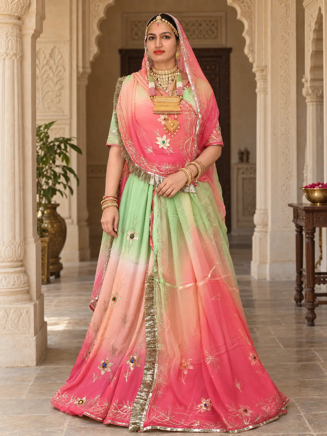 Pure Shaded Rajputi Poshak, Natural Crepe with Zari Work – Pure Odhni