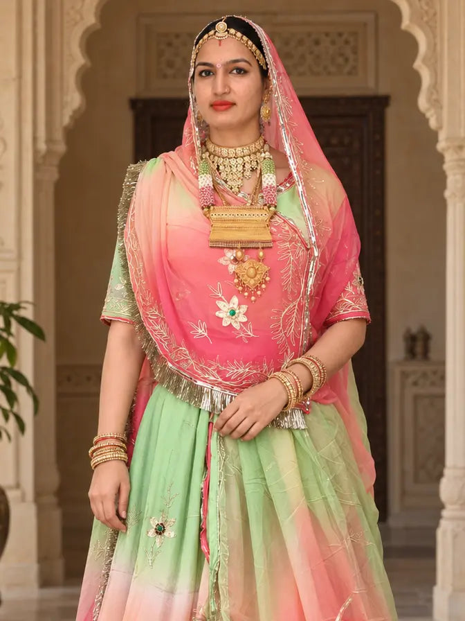 Pure Shaded Rajputi Poshak, Natural Crepe with Zari Work – Pure Odhni