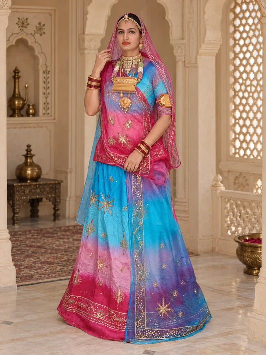 Pure Sky Blue Rani Pink Crepe Rajputi Poshak, Zardozi – Pure Odhni