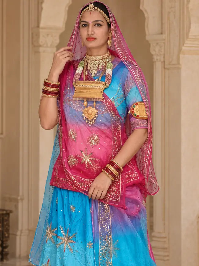 Pure Sky Blue Rani Pink Crepe Rajputi Poshak, Zardozi – Pure Odhni