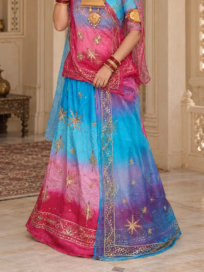 Pure Sky Blue Rani Pink Crepe Rajputi Poshak, Zardozi – Pure Odhni