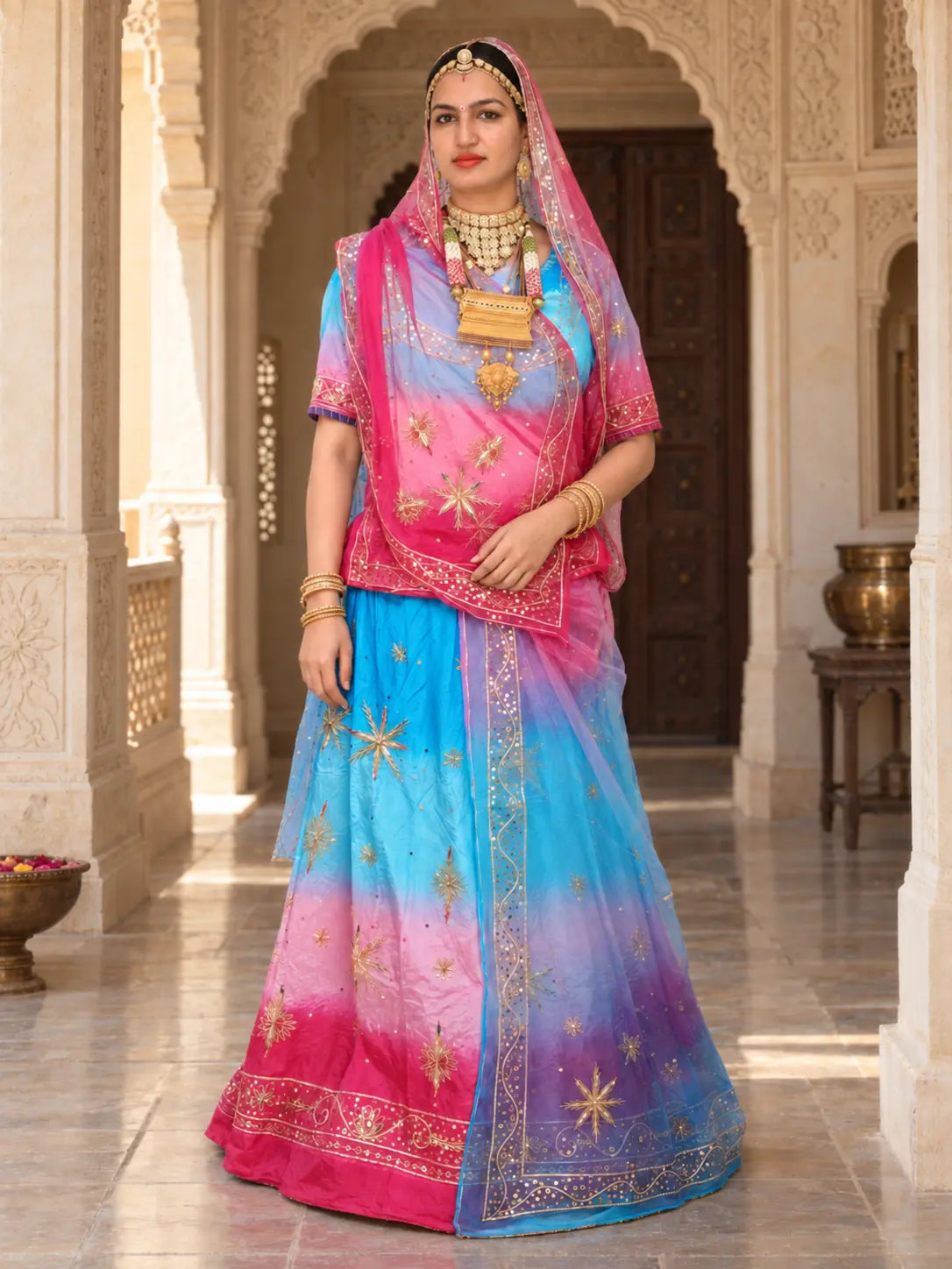 Pure Sky Blue Rani Pink Crepe Rajputi Poshak, Zardozi – Pure Odhni