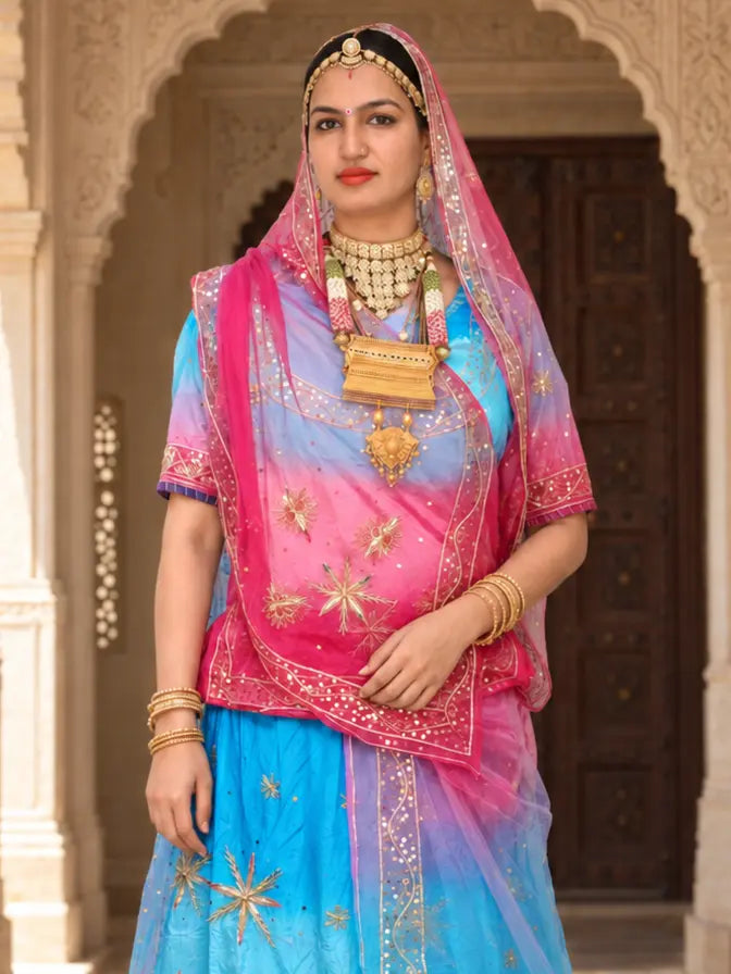 Pure Sky Blue Rani Pink Crepe Rajputi Poshak, Zardozi – Pure Odhni