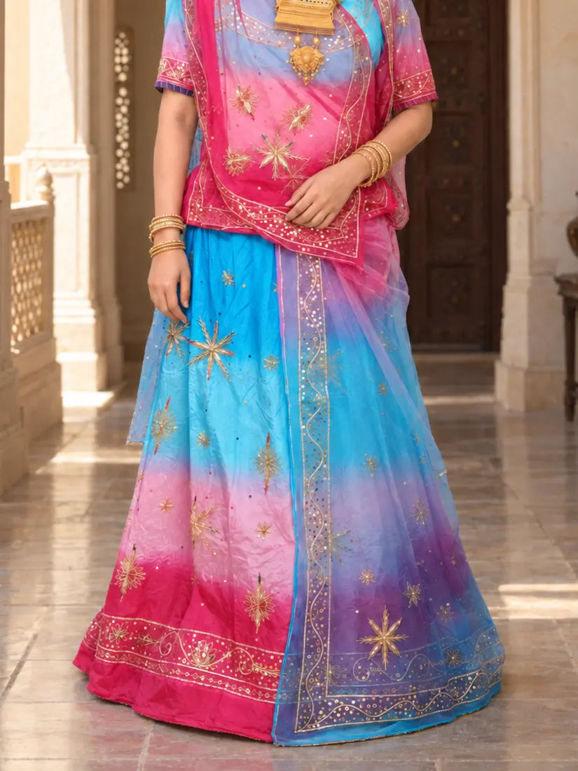 Pure Sky Blue Rani Pink Crepe Rajputi Poshak, Zardozi – Pure Odhni