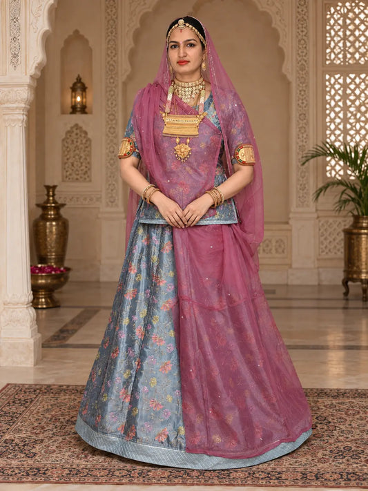 Rajputi Dress - Crepe Pure Chhota Fool Fabric - Steel Blue With Contrast Matching Rajan Odhni